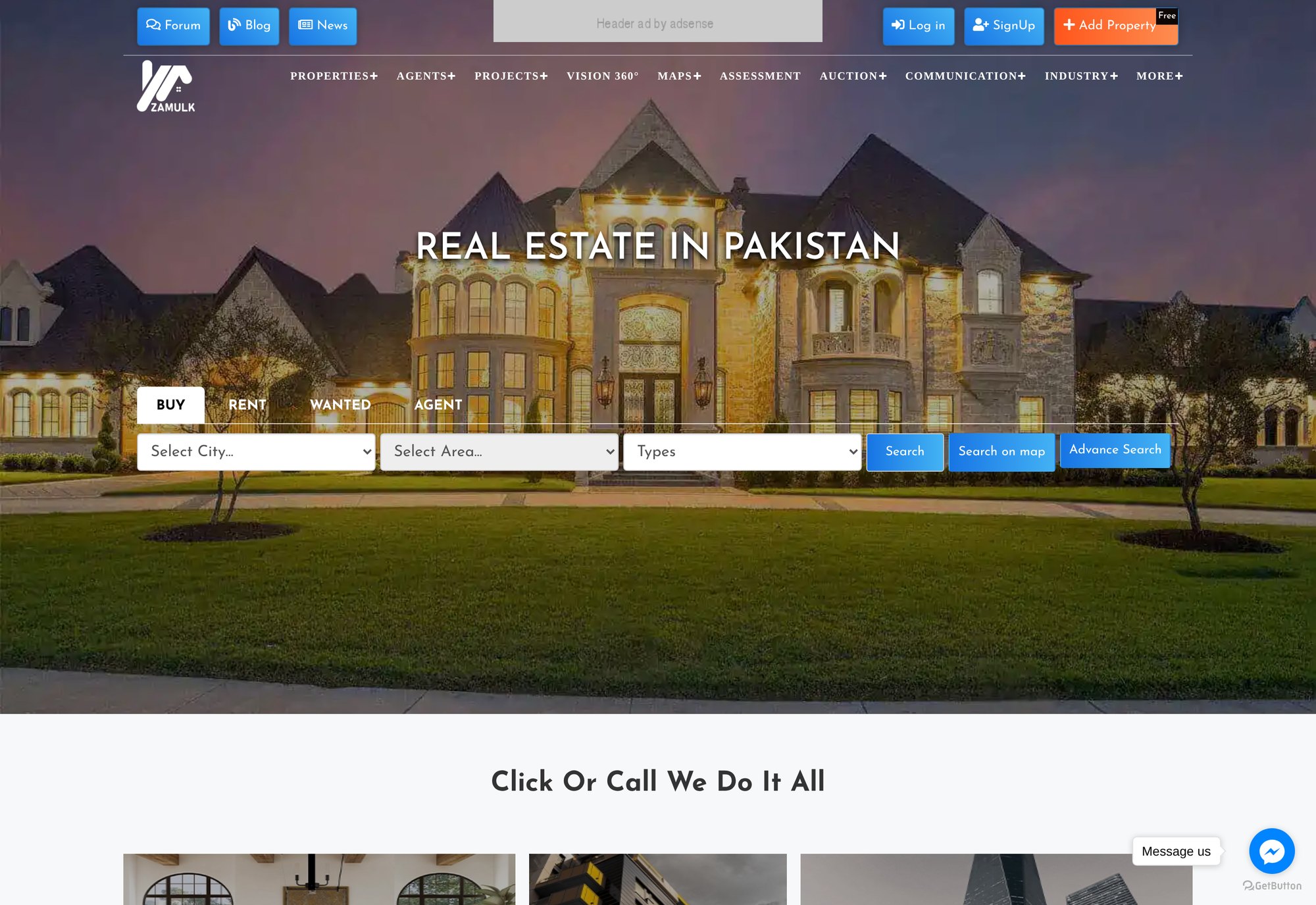 Zamulk real estate portal homepage showing property listings