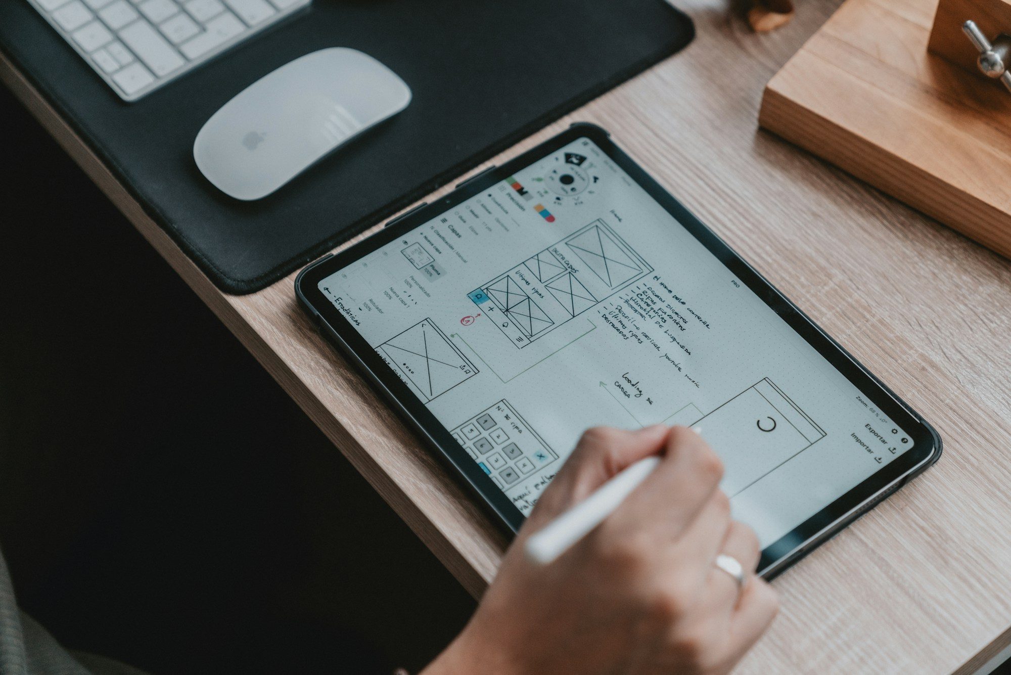 A designer working on a laptop with wireframe sketches
